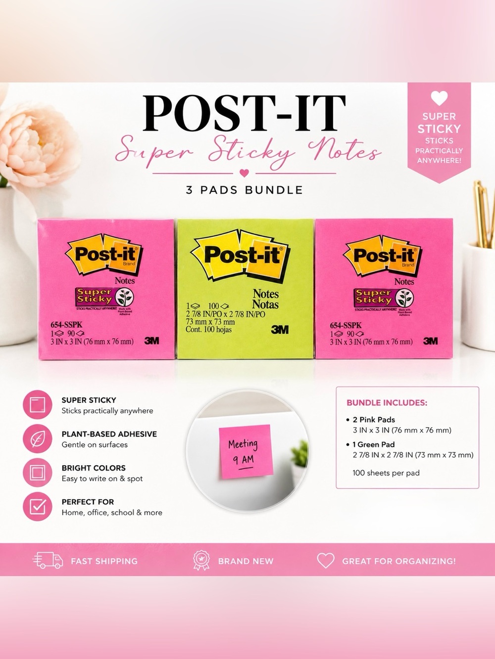 3-Pack Post-it Notes Bundle – Pink & Green Super Sticky Notes